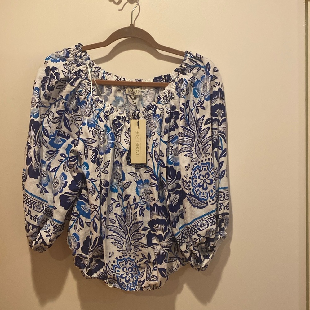 Rachel Zoe Blue and White peasant blouse, short with 3/4 sleeves- Sz S.
